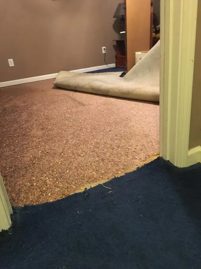Carpet pad removal revealing water damage during Water Mitigation Services in Hanover